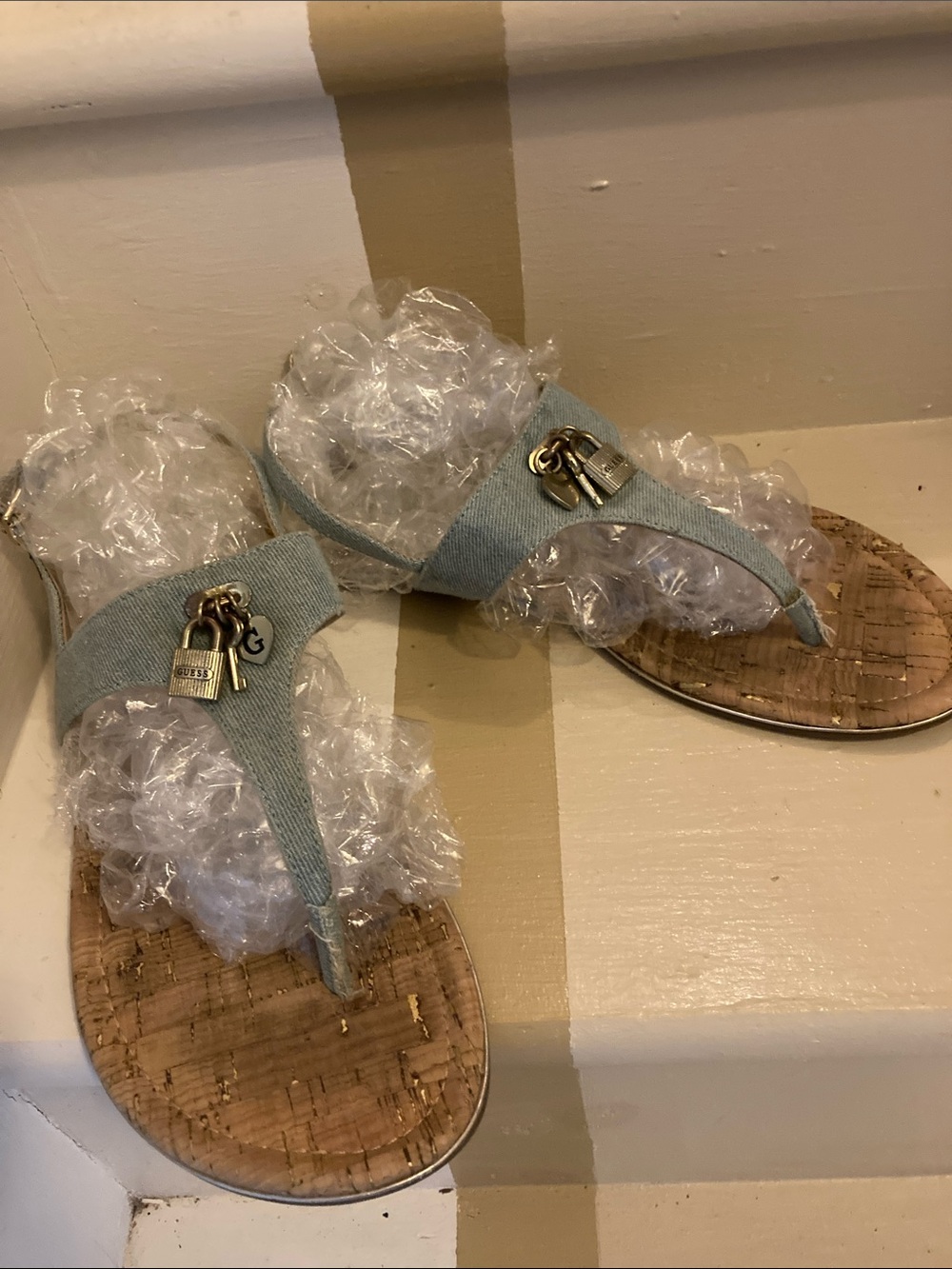 Guess Light Blue Denim Thong Sandals with Gold Padlock Charm